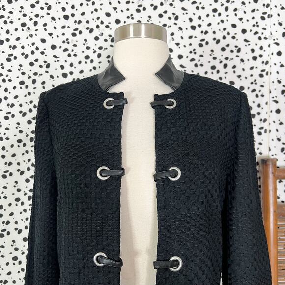 NEW Ming Wang | Black Faux Leather Trim Long Sleeve Knit Tunic Sweater Jacket XS - Picture 3 of 11